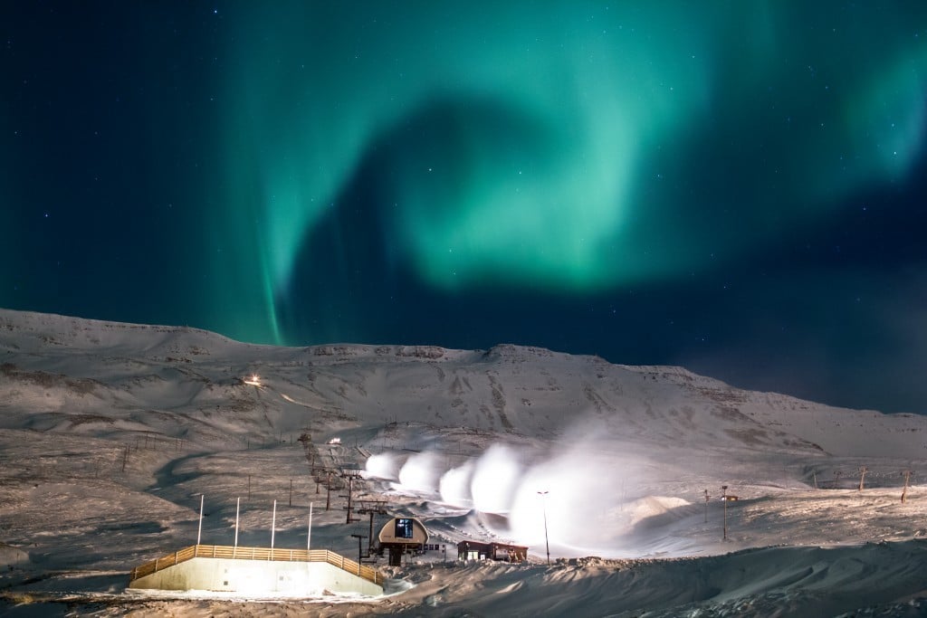 The ski slopes with Northern Lights